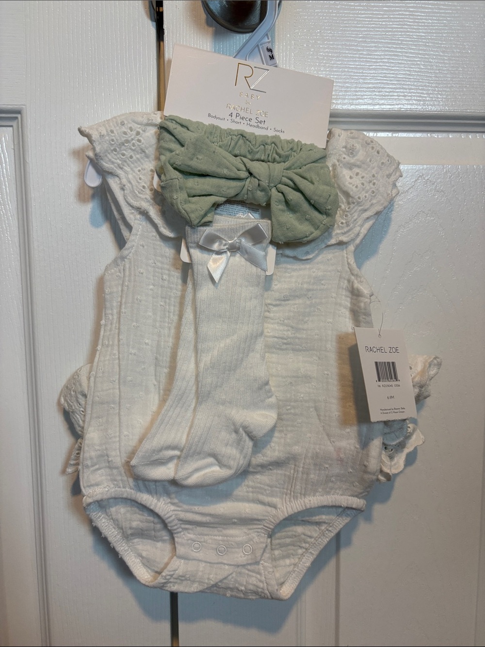 Rachel Zoe White Eyelet Baby One-Piece with Sage Green Bow Set